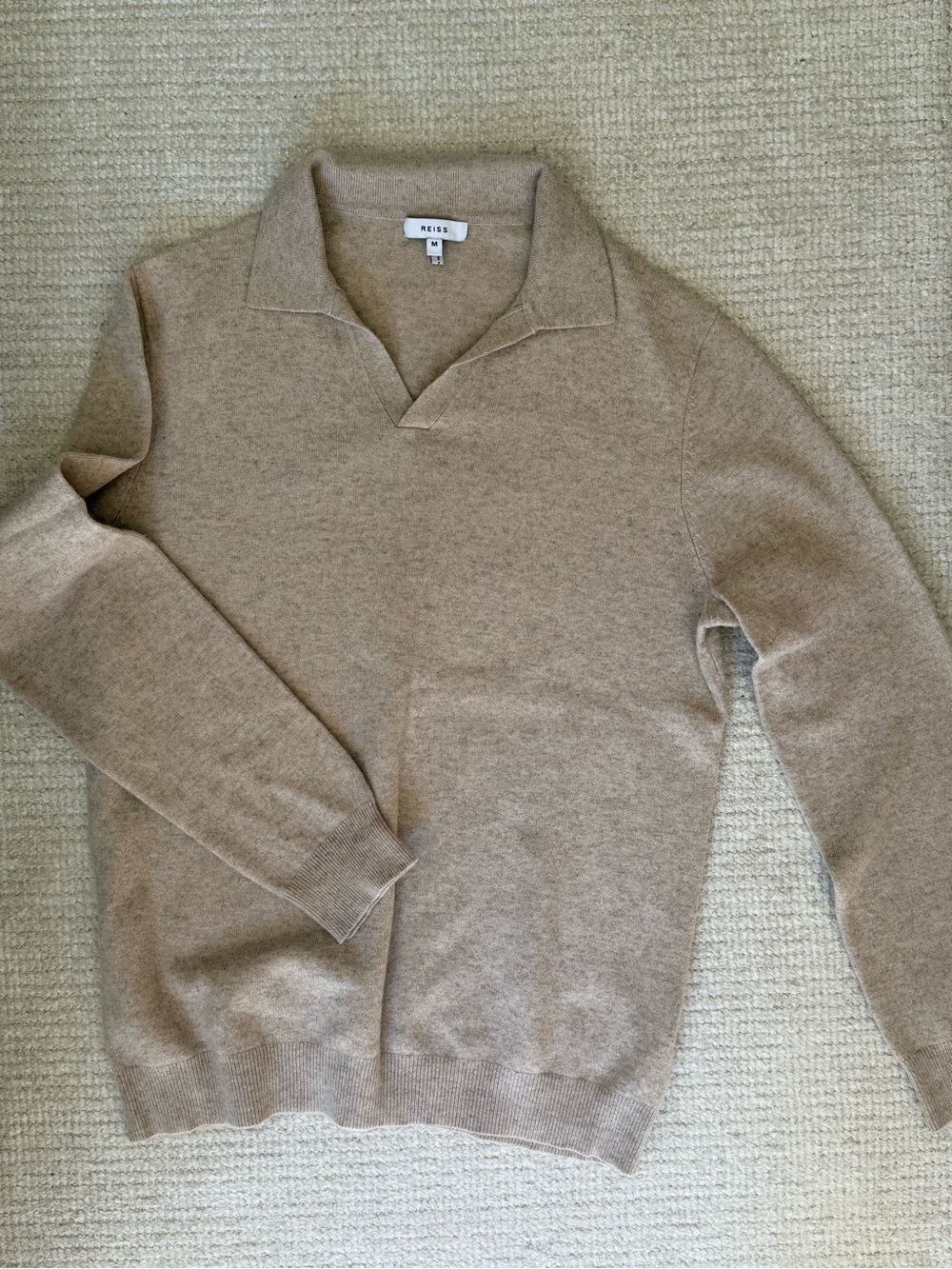 Reiss Men's Taupe V-Neck Wool-Blend Polo Sweater